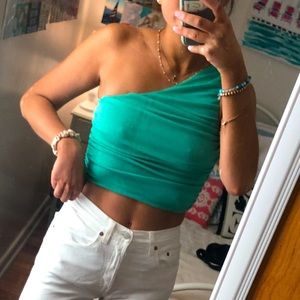 One shoulder green shimmer top